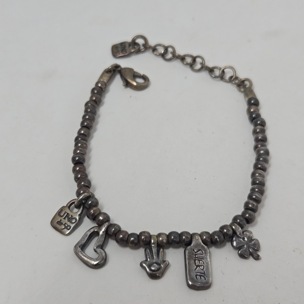Uno de 50 Silver Plated Beaded Charm Bracelet Heart Hamsa Suerte Lucky Spain